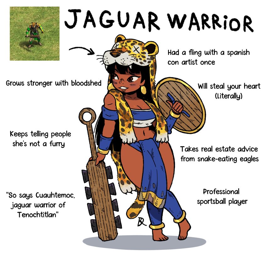 1girl, absurdres, age_of_empires_(series), age_of_empires_ii, animal_print, bandeau, barefoot, black_hair, blush, bracelet, dark-skinned_female, dark_skin, detached_sleeves, earrings, english_text, highres, holding, holding_shield, holding_weapon, jaguar_warrior, jewelry, kabewski, kneehighs, leaning_to_the_side, leopard_print, loincloth, long_hair, navel, shield, smile, socks, standing, teeth, weapon