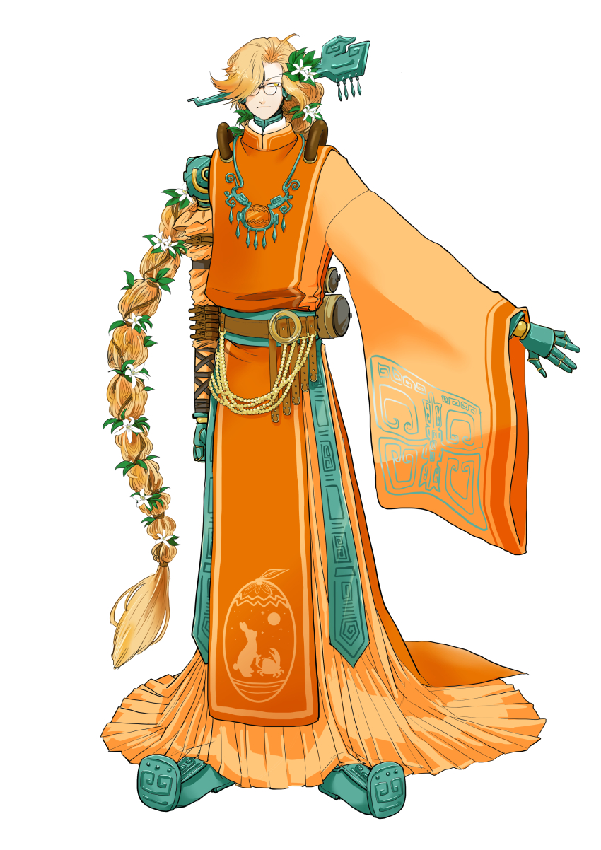 1boy, absurdres, alternate_costume, ariariariariari-bederuti, arm_at_side, asymmetrical_sleeves, belt, wallet_chain, bespectacled, blonde_hair, braid, brown_belt, chinese_clothes, closed_mouth, crab_in_orange_(the_tale_of_food), cyborg, expressionless, flower, flower_braid, full_body, glasses, green_shoes, hair_flower, hair_ornament, hair_over_one_eye, hair_stick, hanfu, highres, jewelry, leaf_hair_ornament, long_hair, long_sleeves, looking_at_viewer, male_focus, mechanical_arms, o-ring, o-ring_belt, orange_blossoms, orange_robe, orange_tabard, outstretched_arm, pendant, pince-nez, robe, round_eyewear, scroll, shoes, simple_background, single_braid, sleeve_garter, solo, standing, tabard, the_tale_of_food, very_long_hair, white_background, white_flower, wide_sleeves, yuntouxie