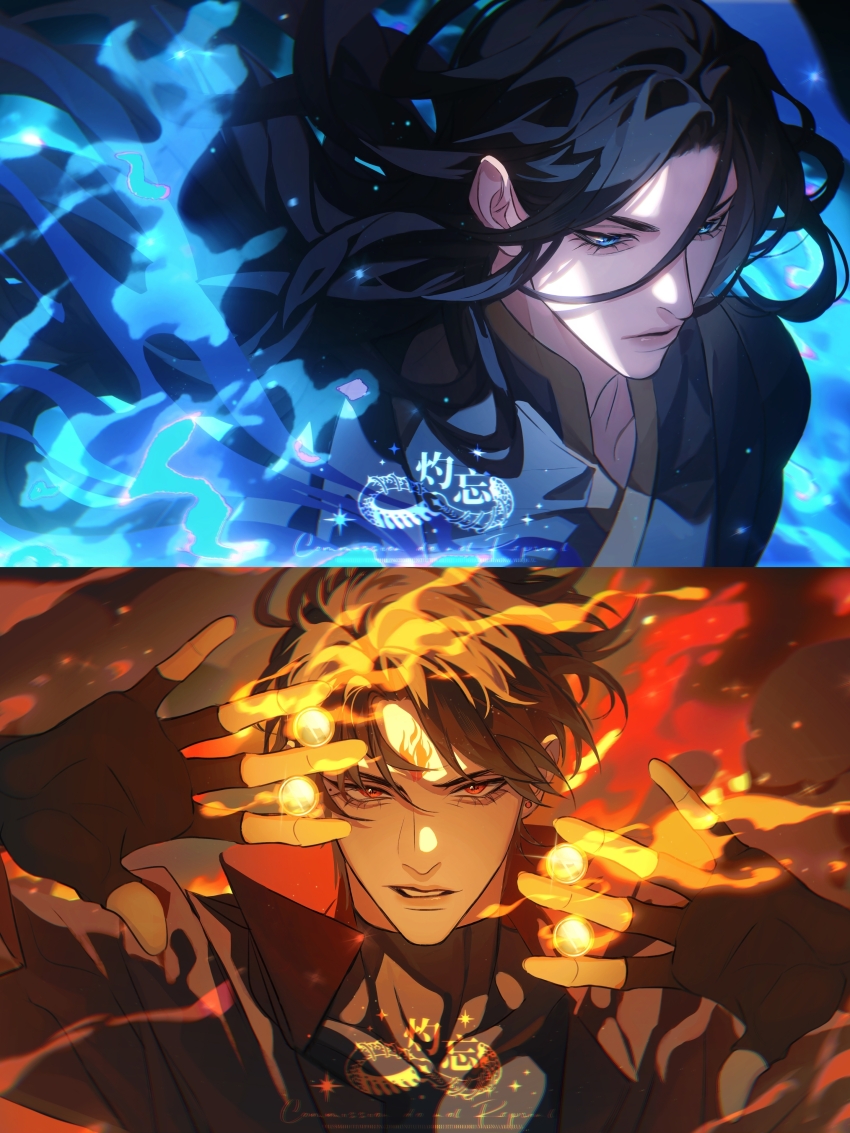 2boys, absurdres, artist_name, bishounen, black_gloves, black_hair, blue_eyes, brown_hair