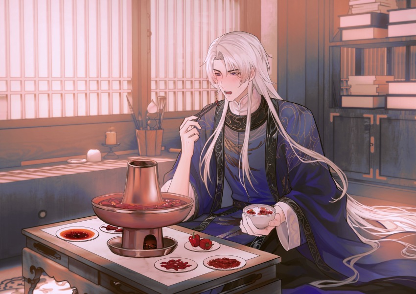 1boy, absurdres, architecture, blush, bookshelf, bowl, calligraphy_brush, candle