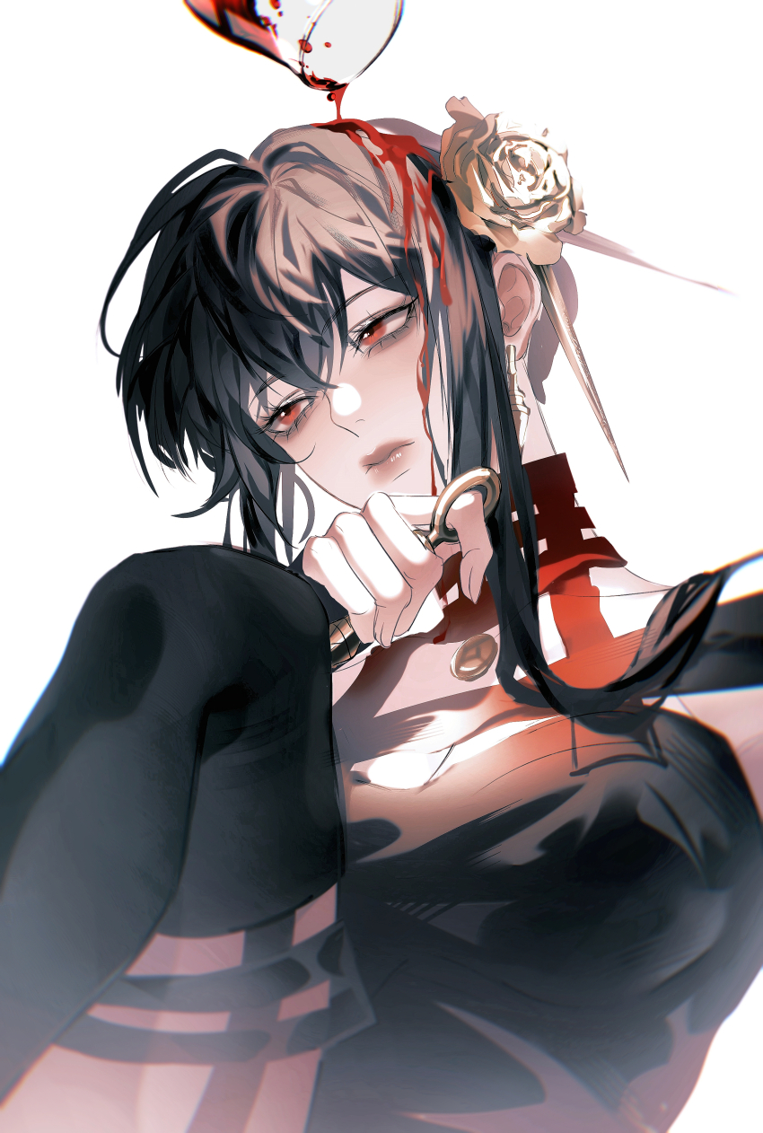 1girl, absurdres, black_dress, black_hair, black_thighhighs, blood, blood_on_face, breasts, cup, dress, earrings, flower, gold_hairband, hair_between_eyes, hair_flower, hair_ornament, hairband, highres, holding, jewelry, large_breasts, red_eyes, rose, sidelocks, simple_background, solo, spy_x_family, thighhighs, weapon, white_background, yor_briar, zhuowang233