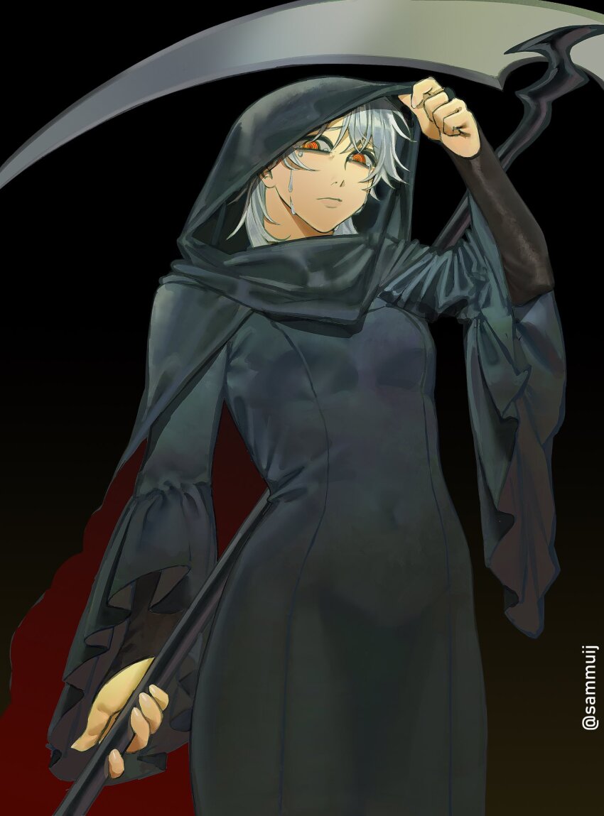 1girl, black_cloak, black_robe, chainsaw_man, cloak, cosplay, crying, crying_with_eyes_open, death_(entity), death_devil_(chainsaw_man), grim_reaper, grim_reaper_(cosplay), highres, holding, holding_scythe, looking_at_viewer, medium_hair, messy_hair, ringed_eyes, robe, sammuij, scythe, simple_background, tears