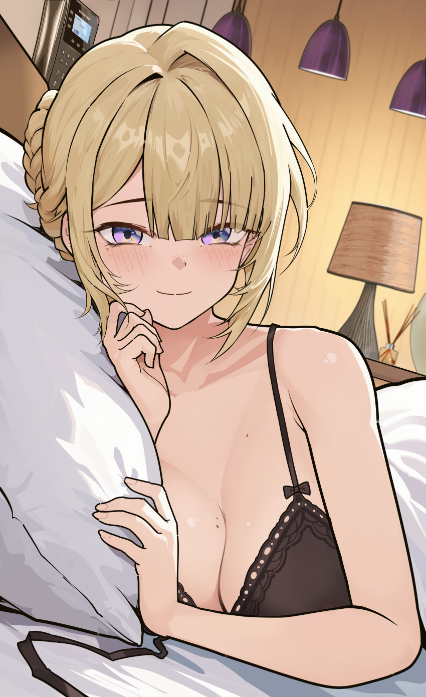 1girl, absurdres, bare_shoulders, bed, bedroom, black_bra, blonde_hair, blush, bra, breasts, closed_mouth, collarbone, commentary, desk_lamp, dutch_angle, english_commentary, evelyn_chevalier, hand_up, highres, indoors, lamp, large_breasts, looking_at_viewer, lying, mile, on_bed, on_side, pillow, pov_across_bed, purple_eyes, revision, ryeon_(naturesan), short_hair, solo, under_covers, underwear, zenless_zone_zero
