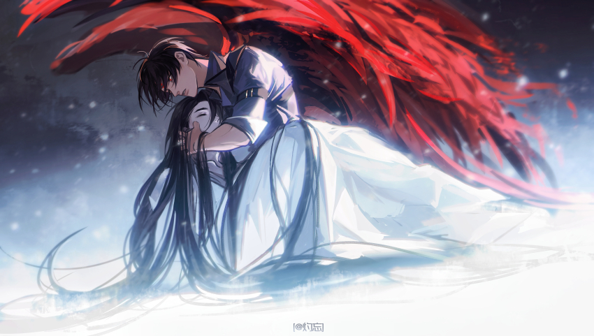 2boys, absurdly_long_hair, absurdres, artist_name, black_hair, closed_eyes, crying, dress