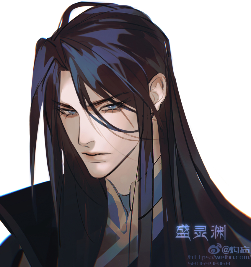 1boy, artist_name, bishounen, black_hair, blue_eyes, character_name, closed_mouth, hair_between_eyes