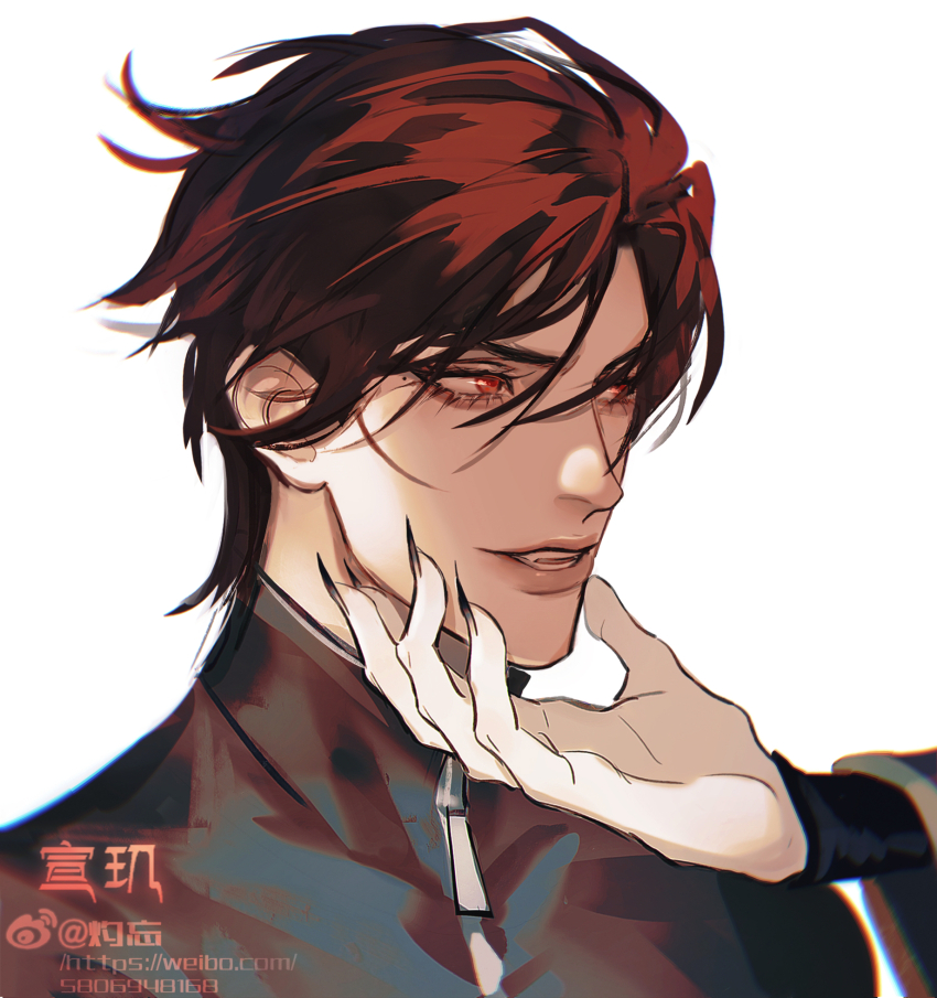 1boy, artist_name, character_name, fingernails, hand_on_another's_chin, hand_on_another's_face, highres, lie_huo_jiao_chou