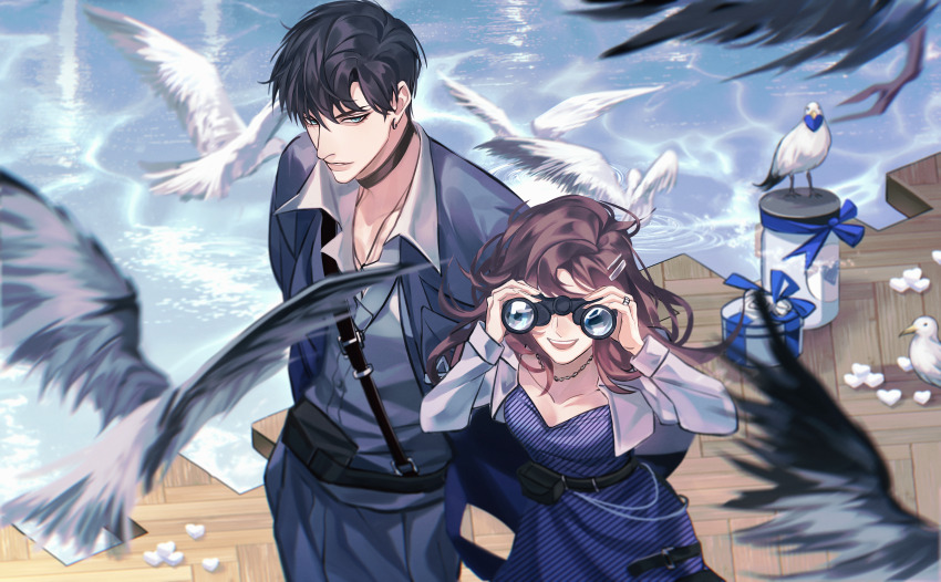 1boy, 1girl, :d, absurdres, animal, belt, bird, black_choker