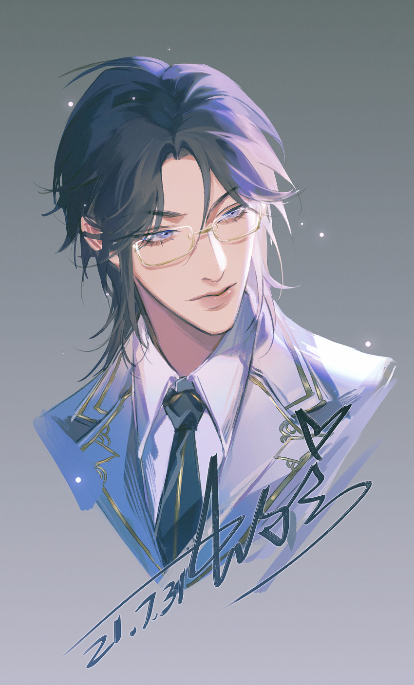 1boy, absurdres, artist_name, black_hair, black_necktie, blue_eyes, closed_mouth, collared_shirt