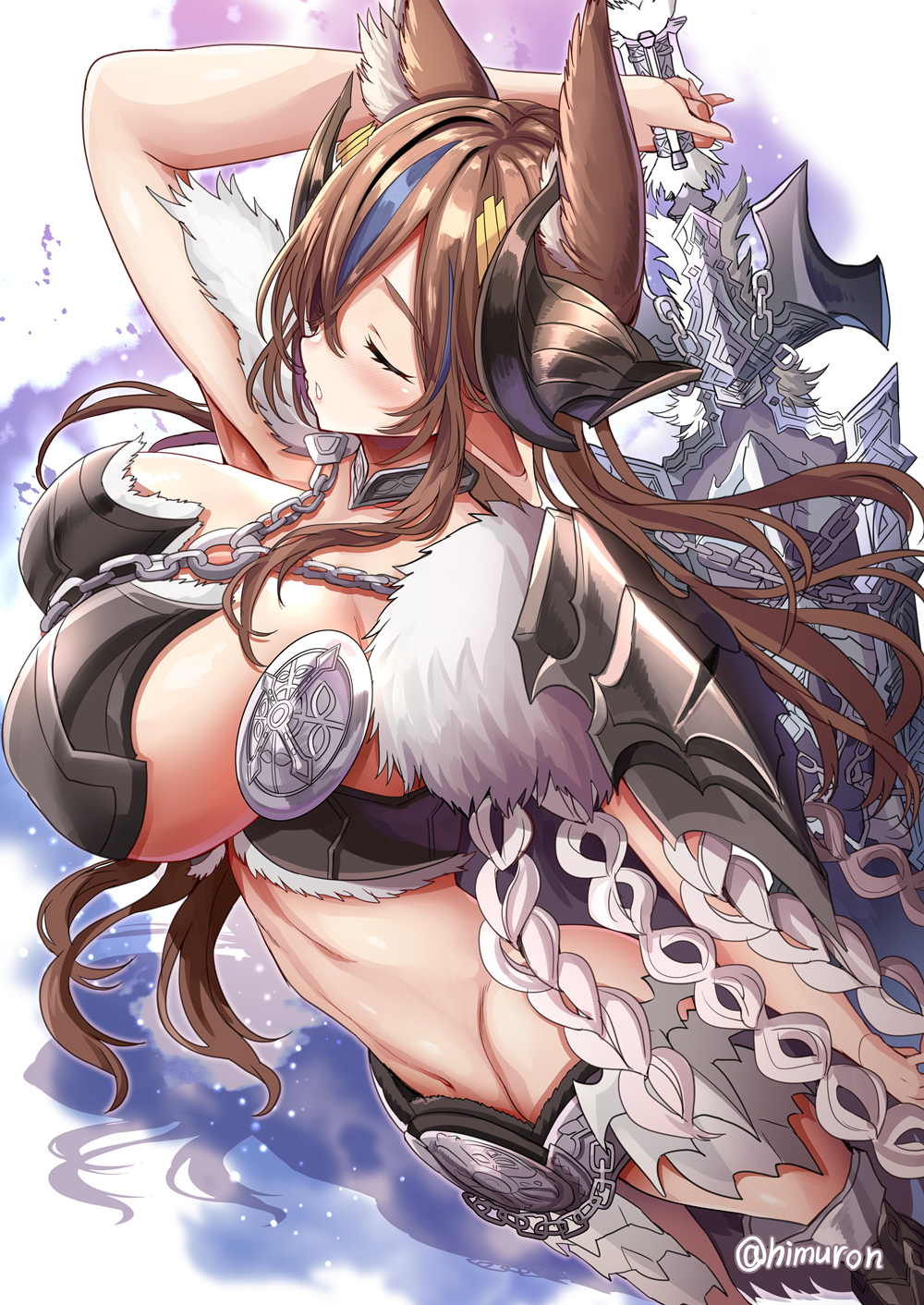 1girl, alternate_costume, animal_ears, arkveld_(armor), blush, breasts, brown_hair, closed_eyes