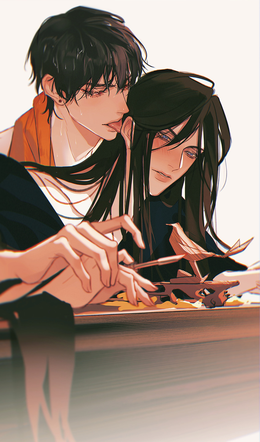 2boys, absurdres, bishounen, black_hair, brown_eyes, cutting_hair, hair_between_eyes, highres