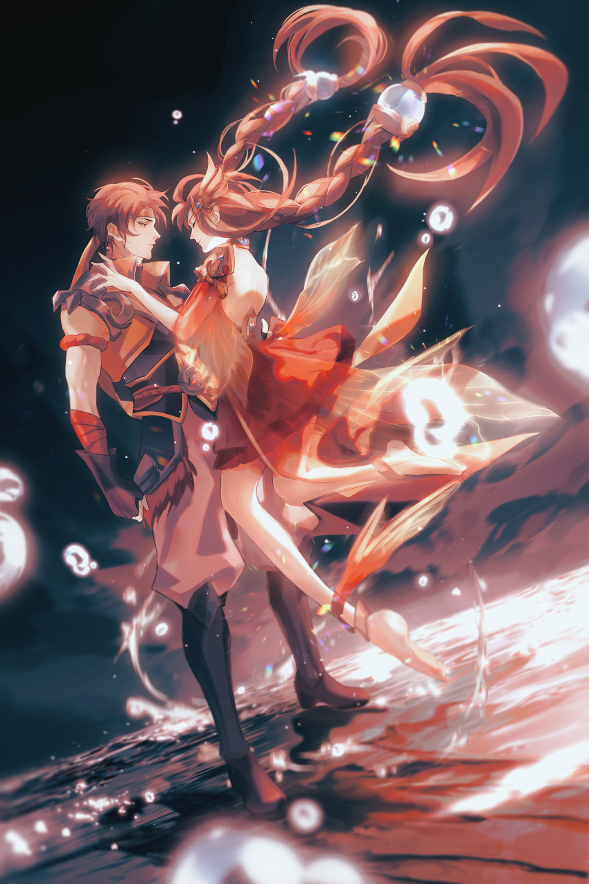 1boy, 1girl, absurdly_long_hair, absurdres, armor, barefoot, boots, braid