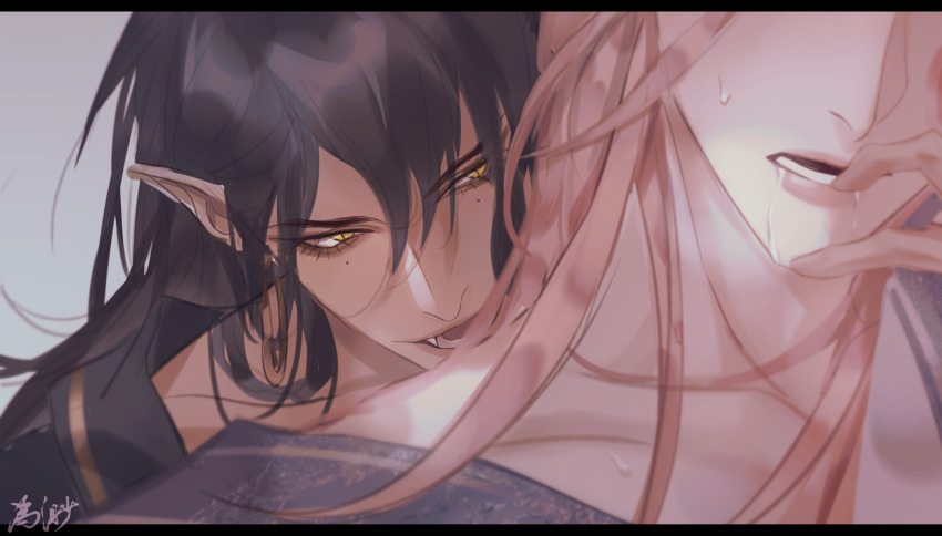 2boys, bishounen, bite_mark, biting, black_hair, close-up, collarbone, earrings, finger_in_another's_mouth, highres, jewelry, letterboxed, long_hair, male_focus, mole, mole_under_eye, multiple_boys, open_mouth, original, pink_hair, pointy_ears, saliva, sweat, teeth, watermark, yaoi, yellow_eyes, zhuowang233