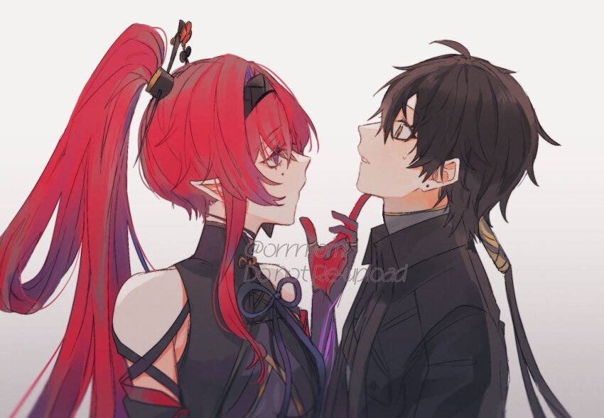 1boy, 1girl, bare_shoulders, black_bodysuit, black_gloves, black_hair, black_jacket, bodysuit