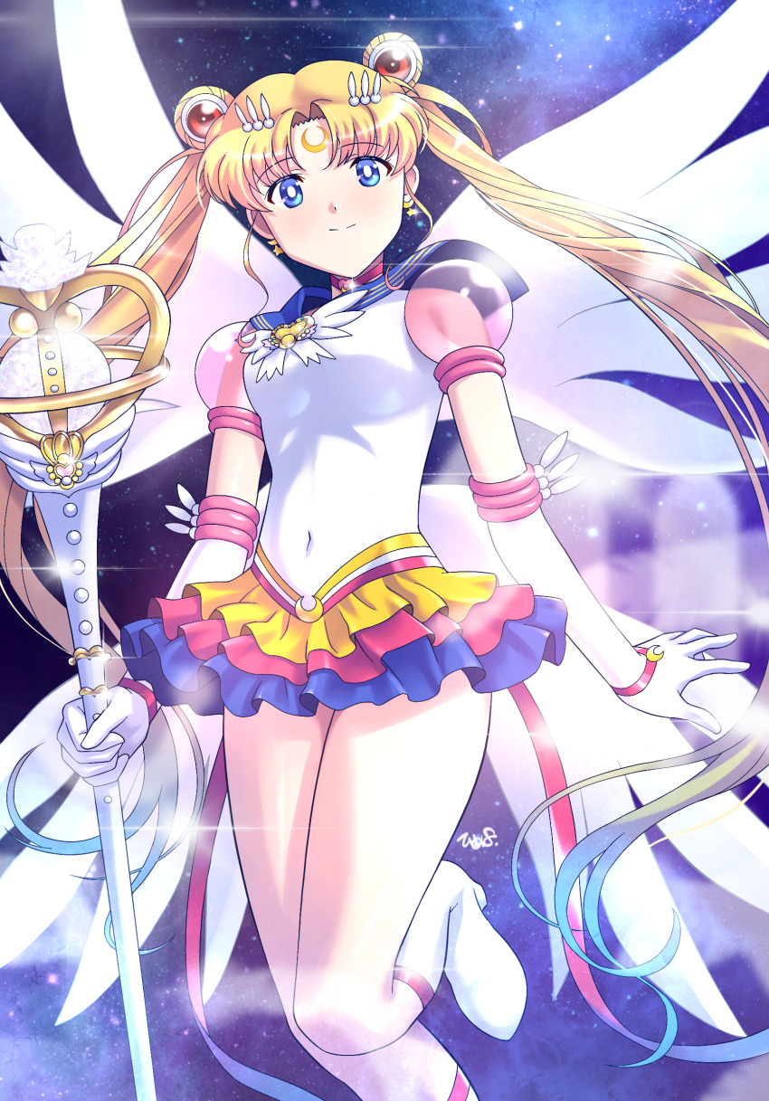 1girl, bishoujo_senshi_sailor_moon, blonde_hair, blue_eyes, blue_skirt, boots, breasts, bright_pupils, brooch, choker, closed_mouth, covered_navel, crescent, crescent_choker, crescent_earrings, double_bun, earrings, elbow_gloves, eternal_moon_article, eternal_sailor_moon, eternal_tiare, facial_mark, forehead_mark, gloves, hair_bun, heart, heart_brooch, heart_choker, highres, himehachi_(hime8manga), holding, holding_staff, jewelry, leg_up, long_hair, magical_girl, medium_breasts, multicolored_skirt, pink_skirt, red_choker, sailor_moon, sailor_senshi_uniform, shirt, skirt, smile, solo, space, staff, star_(sky), star_(symbol), star_earrings, tsukino_usagi, twintails, very_long_hair, white_boots, white_gloves, white_pupils, white_shirt, white_wings, wing_brooch, wings, yellow_skirt
