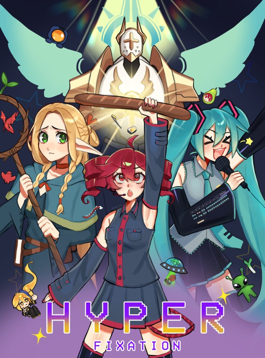 >_<, 1boy, 4girls, ahoge, akita_neru, alien, angel_wings, antenna_hair