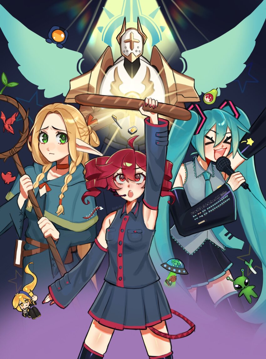 >_<, 1boy, 4girls, ahoge, akita_neru, alien, angel_wings, antenna_hair