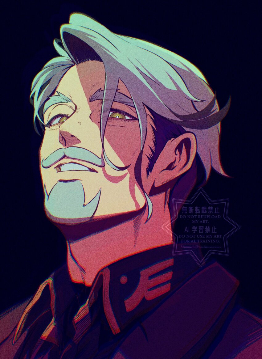 1boy, absurdres, artist_name, beard, black_background, black_shirt, bright_pupils, challia_bull