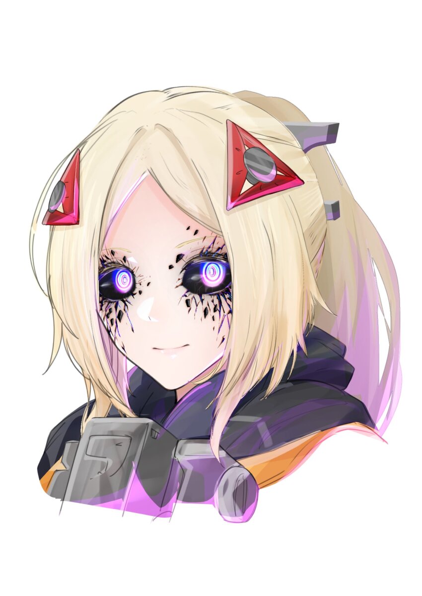 1girl, black_sclera, blonde_hair, colored_sclera, glowing, hair_ornament, highres, keiosu4, long_hair, multicolored_eyes, no_blindfold, parted_bangs, ponytail, portrait, smile, solo, trigger_(zenless_zone_zero), zenless_zone_zero