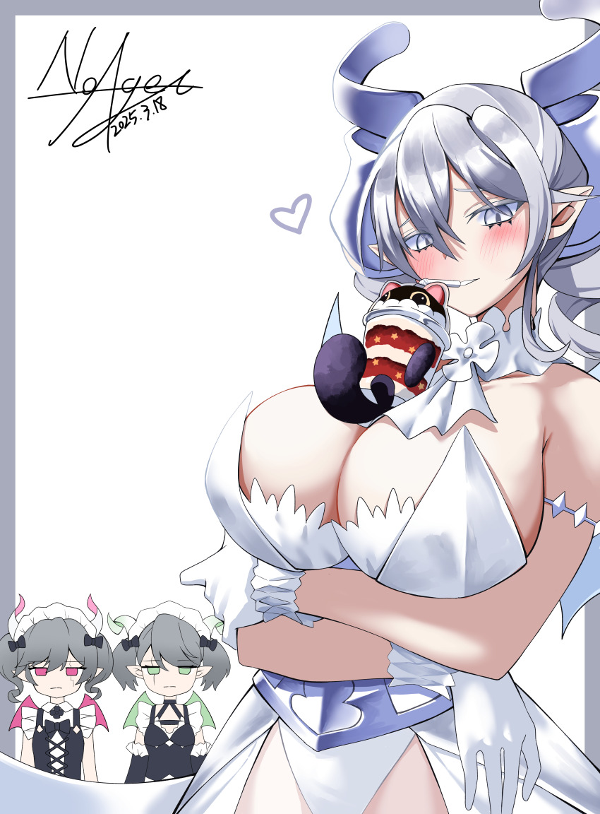 3girls, absurdres, arianna_the_labrynth_servant, ariane_the_labrynth_servant, arms_under_breasts, bare_shoulders, breasts, bubble_tea_challenge, cleavage, cowboy_shot, cup, cupsy_yummy, dated, demon_girl, demon_horns, demon_wings, dress, drill_hair, drinking_straw, drinking_straw_in_mouth, duel_monster, gloves, grey_eyes, grey_hair, heart, highres, horns, large_breasts, leotard, long_hair, lovely_labrynth_of_the_silver_castle, low_wings, multiple_girls, multiple_wings, noagen, pointy_ears, signature, simple_background, solo_focus, strapless, strapless_dress, twin_drills, white_background, white_dress, white_gloves, white_leotard, white_wings, wings, yu-gi-oh!