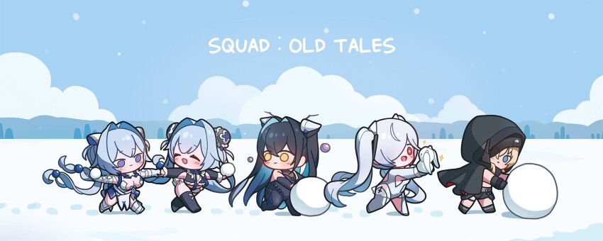 5girls, accessories, aqua_hair, arm_warmers, armpit_cutout, bare_shoulders, black_cloak, black_gloves