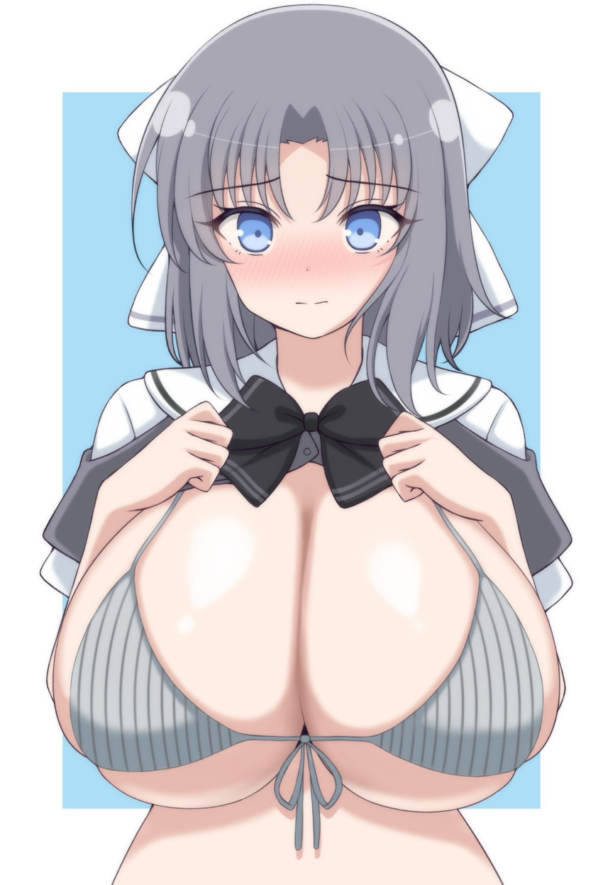 1girl, bikini, black_bow, black_bowtie, blue_eyes, blush, bow, bowtie, breasts, cleavage, commentary, embarrassed, hair_bow, hands_on_own_chest, highres, huge_breasts, light_smile, looking_at_viewer, medium_hair, namako_muri, senran_kagura, shrug_(clothing), skindentation, striped_bikini, striped_bow, striped_clothes, swimsuit, upper_body, white_bow, yumi_(senran_kagura)