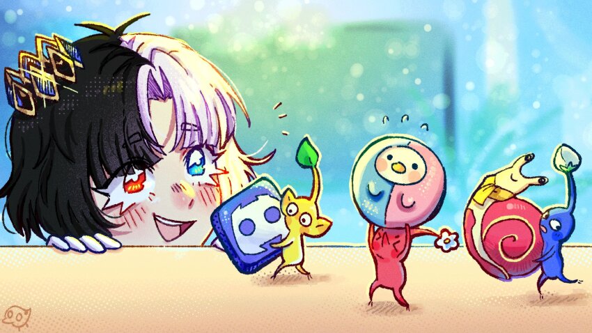 >_<, 1girl, :d, black_hair, blue_eyes, blue_pikmin, blush, blush_stickers