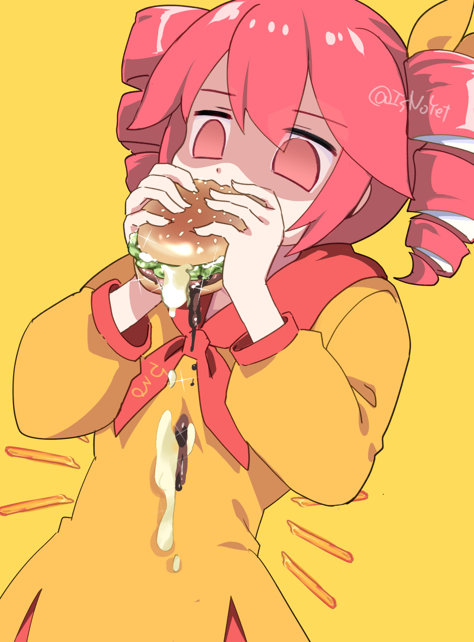 1girl, bow, bread, burger, burger_malfunction, cheese, drill_hair, dripping