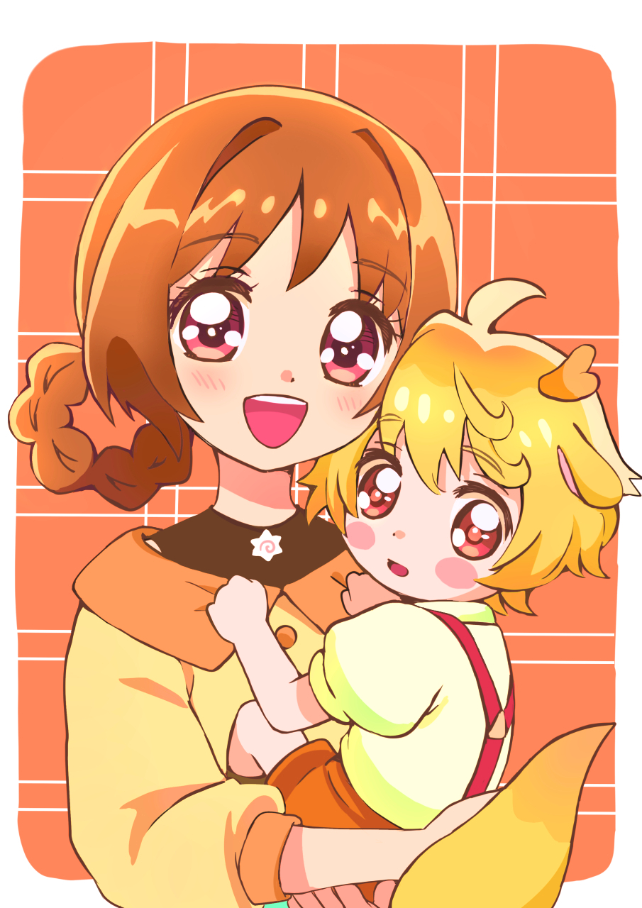 1girl, animal_ears, blonde_hair, blush_stickers, braid, brown_hair, carrying, child