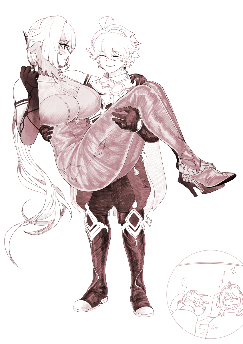 1boy, 2girls, absurdres, aepuru_arts, aether_(genshin_impact), ahoge, arlecchino_(genshin_impact), breasts