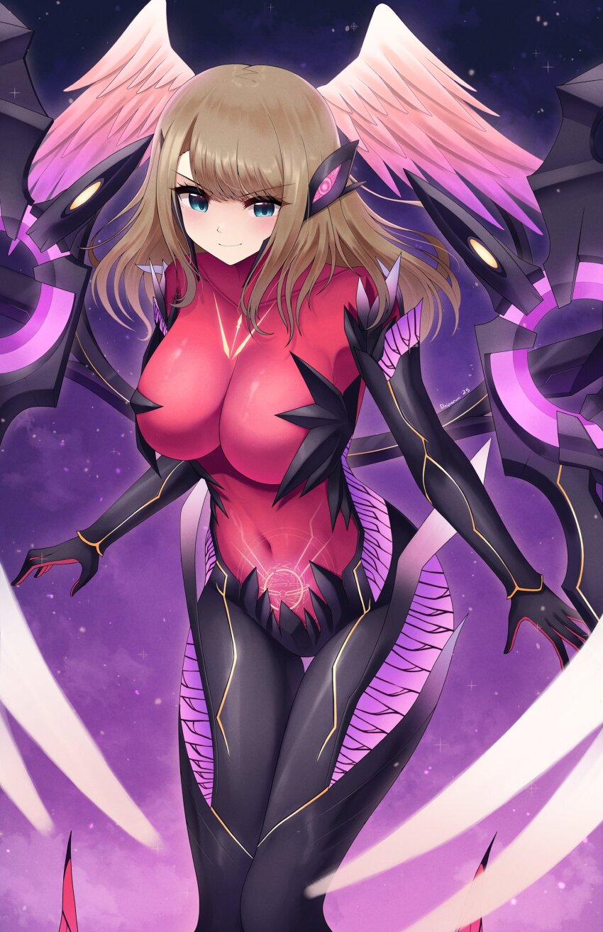 1girl, black_bodysuit, blue_eyes, blush, body_armor, bodysuit, breasts, brown_hair