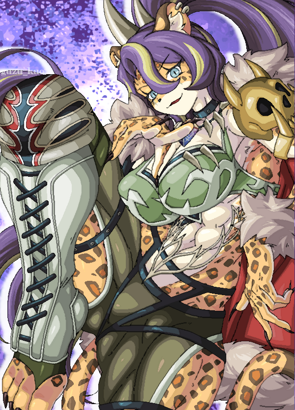 1girl, abs, blonde_hair, body_fur, breasts, cleavage, duel_monster, furry