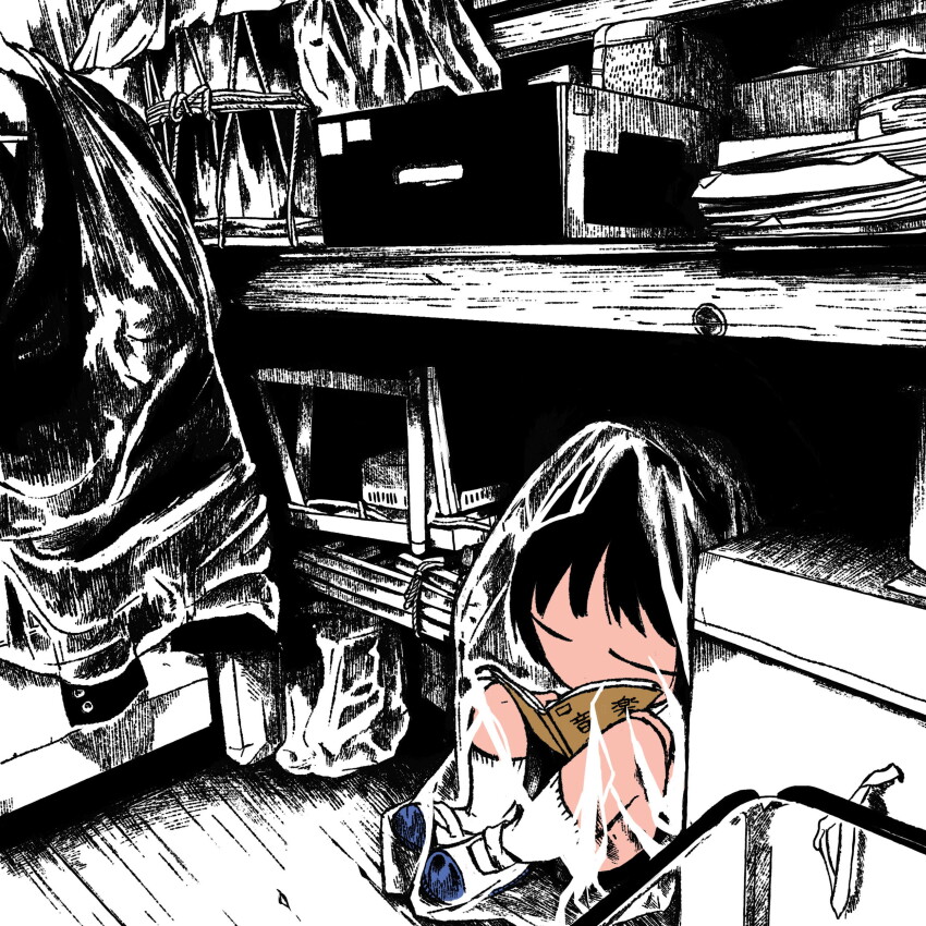 1girl, absurdres, album_cover, black_hair, book, closed_eyes, cover, highres, holding, holding_book, kobone_tomo, kumorigahara, shoes, short_hair, sitting, socks, solo, spot_color, under_table, uwabaki