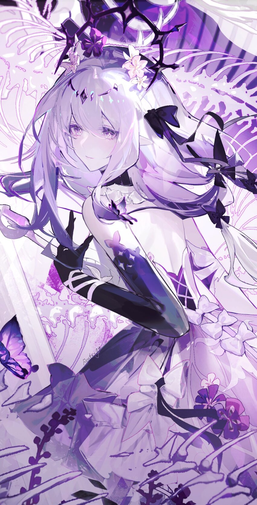 1girl, back, bare_shoulders, black_tiara, bow, bug, butterfly, castorice_(honkai:_star_rail)