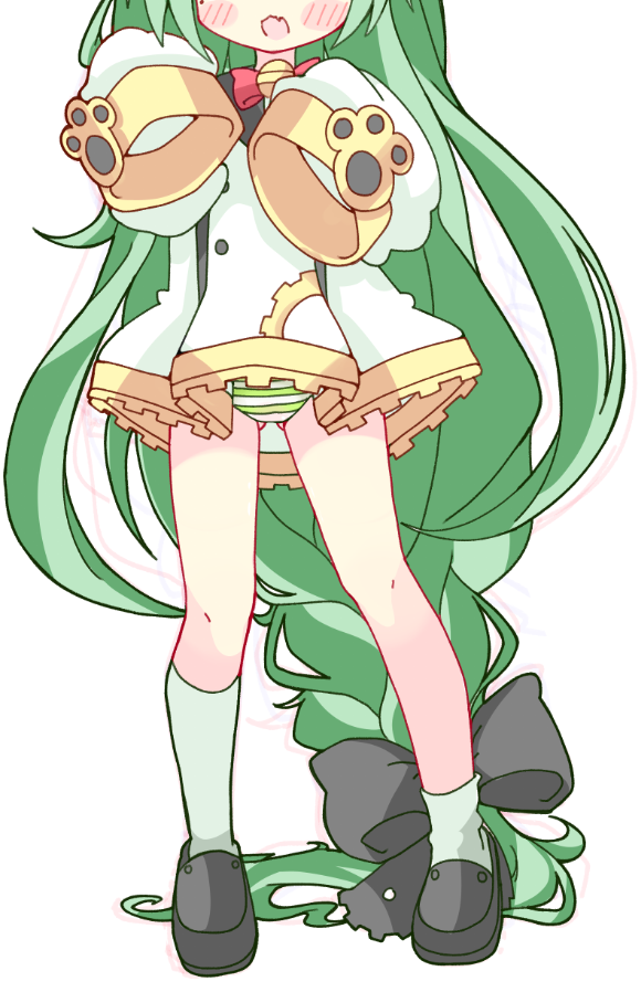 1girl, akashi_(azur_lane), azur_lane, black_ribbon, black_shoes, blush, bow, braid, dress, gluteal_fold, green_hair, hair_bow, head_out_of_frame, kneehighs, komataso9, loli, long_hair, loose_kneehigh, open_mouth, panties, ribbon, shoes, short_dress, sleeves_past_wrists, socks, solo, standing, striped_clothes, striped_panties, thighs, underwear, very_long_hair, white_socks