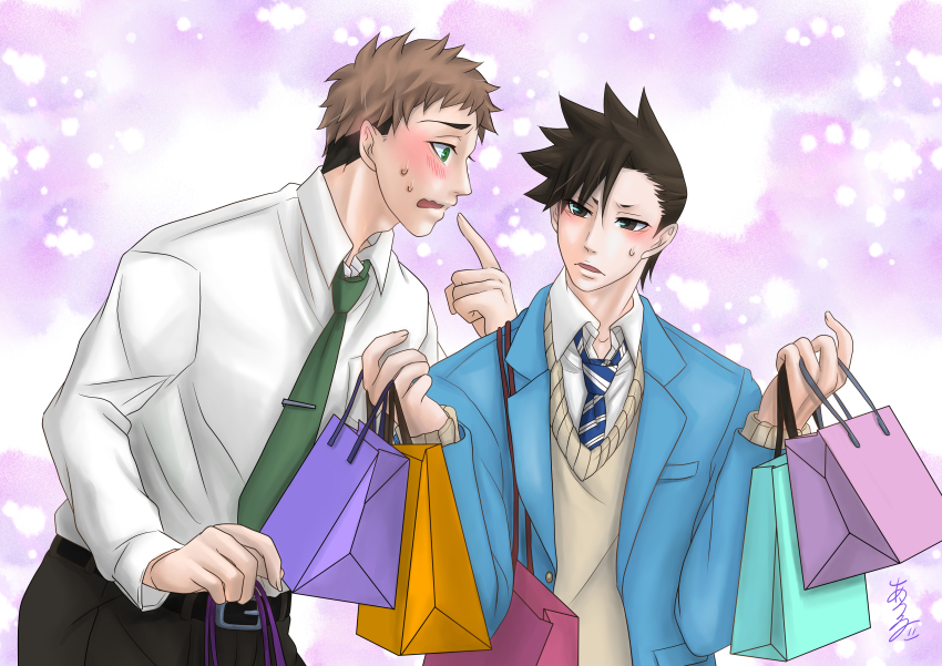 2boys, absurdres, bag, belt, black_hair, black_pants, blue_jacket, blue_necktie