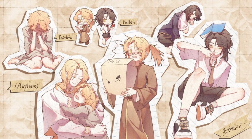 2girls, black_hair, black_shorts, blonde_hair, blood, blush, degrees_of_lewdity, etherin