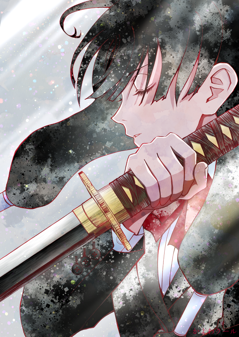 1girl, black_hair, closed_eyes, grey_background, highres, holding, holding_weapon, kagurabachi, katana, kayowacool007, long_hair, low-tied_long_hair, profile, red_ribbon, ribbon, samura_iori, sword, twintails, upper_body, weapon