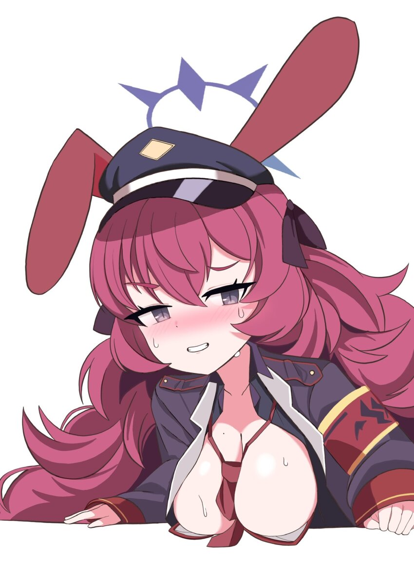 1girl, adapted_costume, armband, between_breasts, black_hat, black_jacket, black_ribbon, blue_archive, blush, breasts, breasts_out, commentary, cran_berrie, embarrassed, furrowed_brow, grey_eyes, grin, hair_ribbon, hat, highres, iroha_(blue_archive), jacket, leotard, long_hair, looking_at_viewer, medium_breasts, mole, mole_on_breast, naughty_face, necktie, necktie_between_breasts, nose_blush, open_clothes, open_jacket, peaked_cap, playboy_bunny, red_armband, red_hair, red_leotard, red_necktie, ribbon, simple_background, sleeves_past_wrists, slit_pupils, smile, solo, strapless, strapless_leotard, sweat, tsurime, upper_body, very_long_hair, wavy_hair, white_background