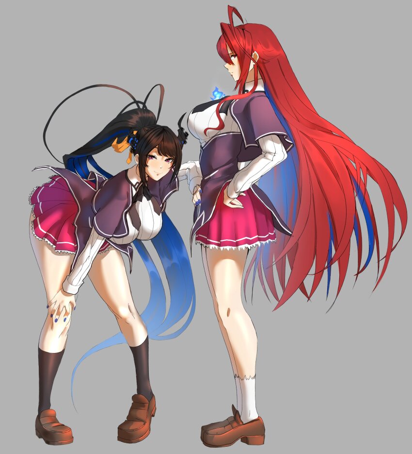 ahoge, asymmetrical_horns, black_hair, black_socks, blue_fire, blue_hair, brasileiroo, breasts, colored_inner_hair, cosplay, crystal_horns, demon_horns, dress, elizabeth_rose_bloodflame, fire, fire_on_chest, flower, hair_between_eyes, hair_ornament, hair_ribbon, high_school_dxd, highres, himejima_akeno, himejima_akeno_(cosplay), hololive, hololive_english, horn_flower, horns, huge_ahoge, huge_antenna_hair, kuoh_academy_school_uniform, large_breasts, long_hair, looking_at_viewer, mole, mole_under_eye, multicolored_hair, multiple_girls, nerissa_ravencroft, orange_ribbon, ponytail, red_eyes, red_hair, rias_gremory, rias_gremory_(cosplay), ribbon, school_uniform, shirt, smile, socks, two-tone_hair, uneven_horns, very_long_hair, virtual_youtuber, white_socks