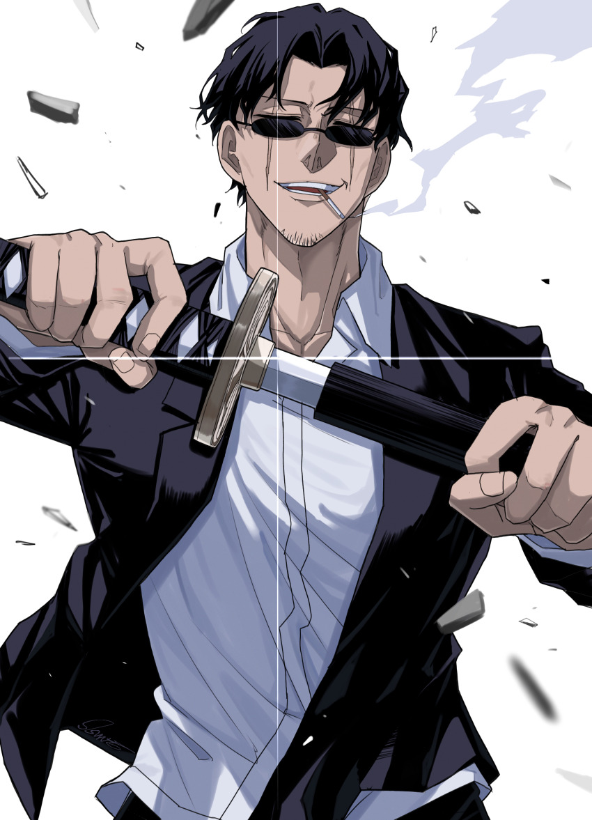 1boy, :d, absurdres, black_hair, closed_eyes, collared_shirt, facial_hair, facing_viewer