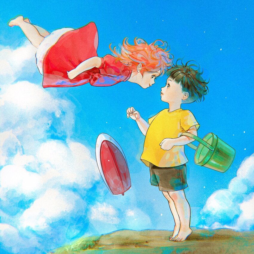 1boy, 1girl, black_hair, black_shorts, blue_sky, child, cloud, death_mogi