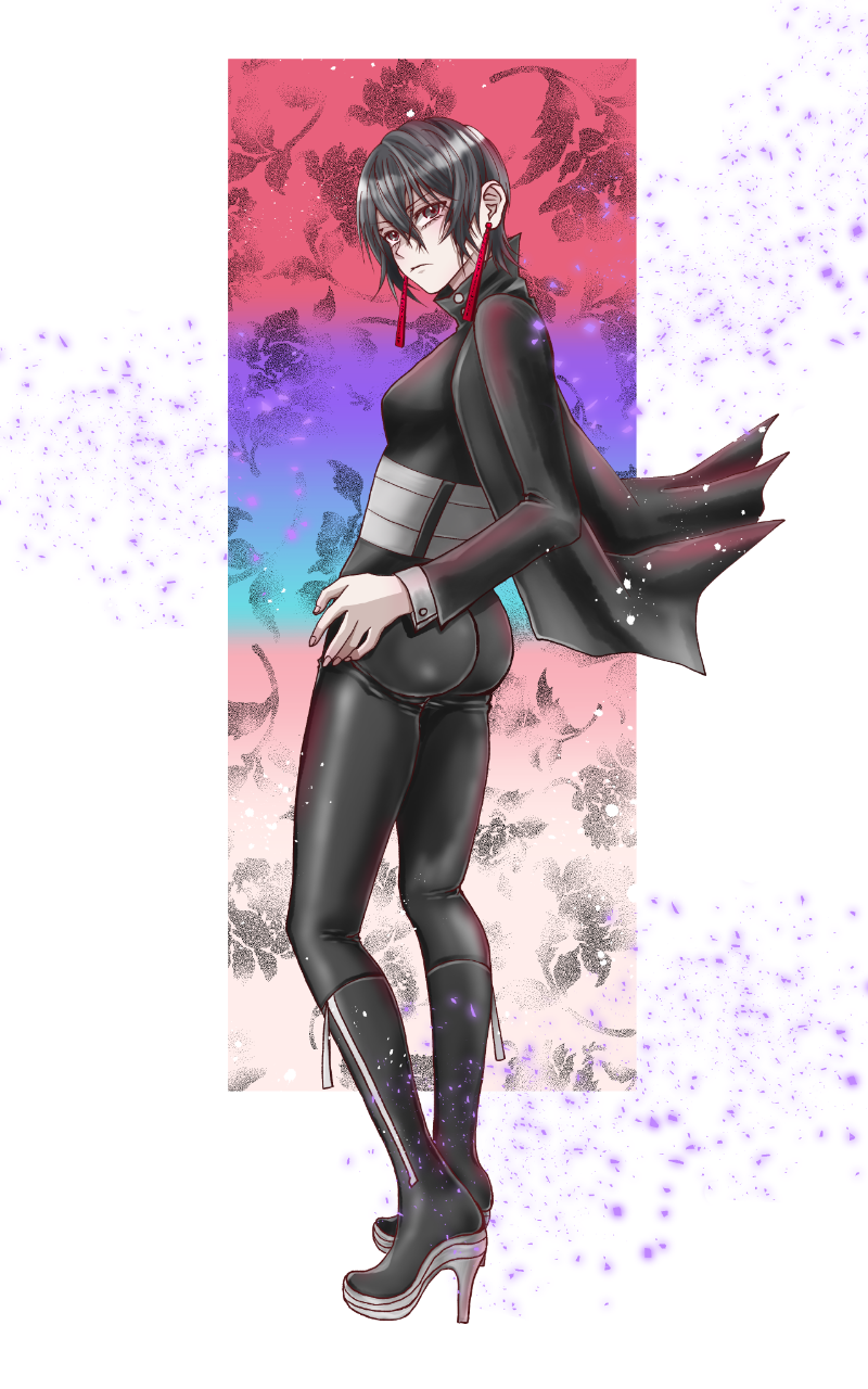 1girl, ass, black_jacket, black_pants, breasts, earrings, full_body, hair_between_eyes