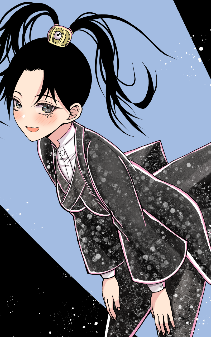 1girl, :d, black_hair, black_kimono, black_pants, black_suit, blue_background, blush, breasts, formal_clothes, grey_eyes, harima_shiyumi, highres, japanese_clothes, kagurabachi, kayowacool007, kimono, leaning_forward, mole, mole_under_eye, open_mouth, pants, small_breasts, smile, solo, suit, twintails
