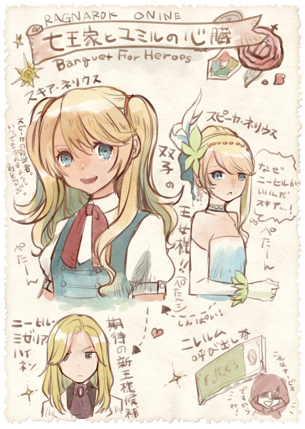 1boy, 2girls, ascot, bad_id, blonde_hair, blue_dress, blue_eyes, commentary_request, dress, elbow_gloves, gloves, hair_bun, highres, lala_(sputnik), long_hair, looking_at_viewer, multiple_girls, nyhill_m._heine, open_mouth, purple_ascot, ragnarok_online, shirt, short_hair, siblings, simple_background, single_hair_bun, sisters, skia_nerius, smile, spica_nerius, translation_request, twintails, upper_body, white_gloves, white_shirt