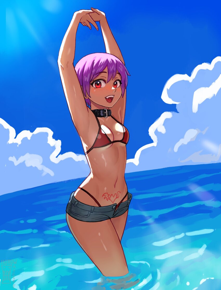 1girl, absurdres, arms_up, bare_shoulders, bikini, black_choker, breasts, choker