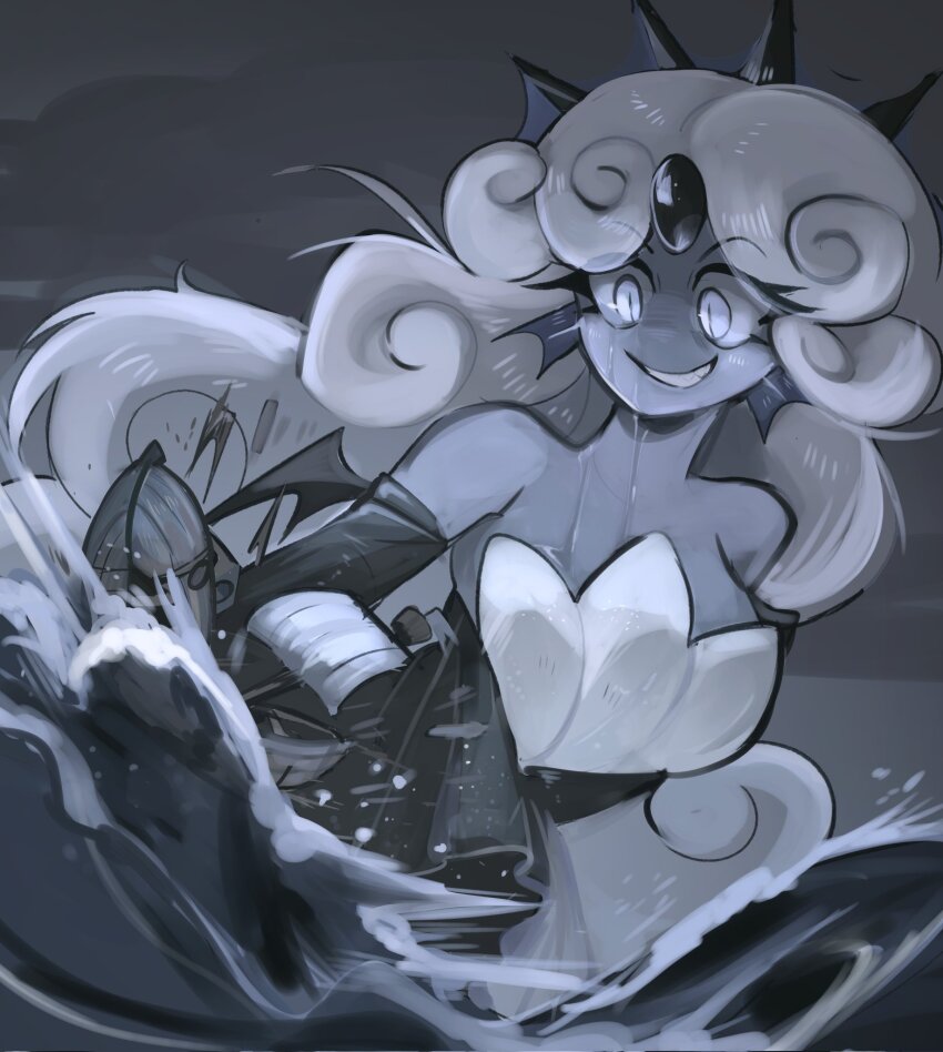 1girl, bare_shoulders, black_dress, black_gloves, black_pearl_cookie, black_tiara, blush, colored_skin, cookie_run, curly_hair, dress, elbow_gloves, evil_grin, evil_smile, fins, gloves, grey_skin, grin, head_fins, highres, long_hair, mermaid, monster_girl, outdoors, patartist66, ship, slit_pupils, smile, solo, strapless, strapless_dress, tiara, very_long_hair, watercraft, waves, white_hair, winged_gloves