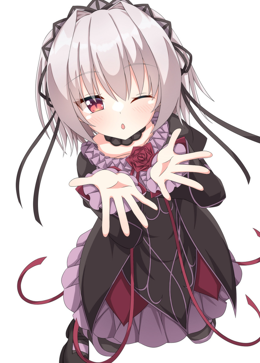 1girl, ;o, black_choker, black_dress, black_hairband, black_ribbon, black_shoes, blowing_kiss