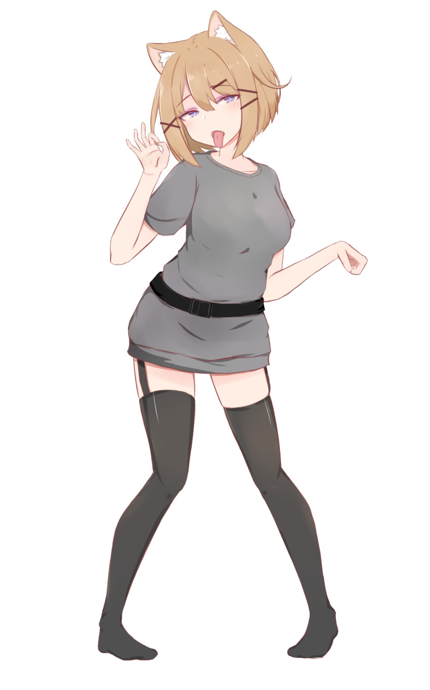 1girl, animal_ear_fluff, animal_ears, arknights, arm_up, belt, black_belt, black_thighhighs