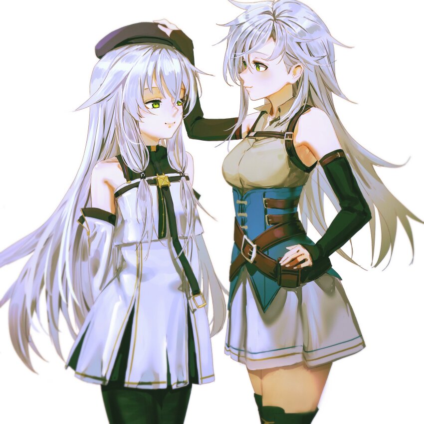 2girls, absurdres, altina_orion, bare_shoulders, beret, black_pantyhose, blue_corset, boots