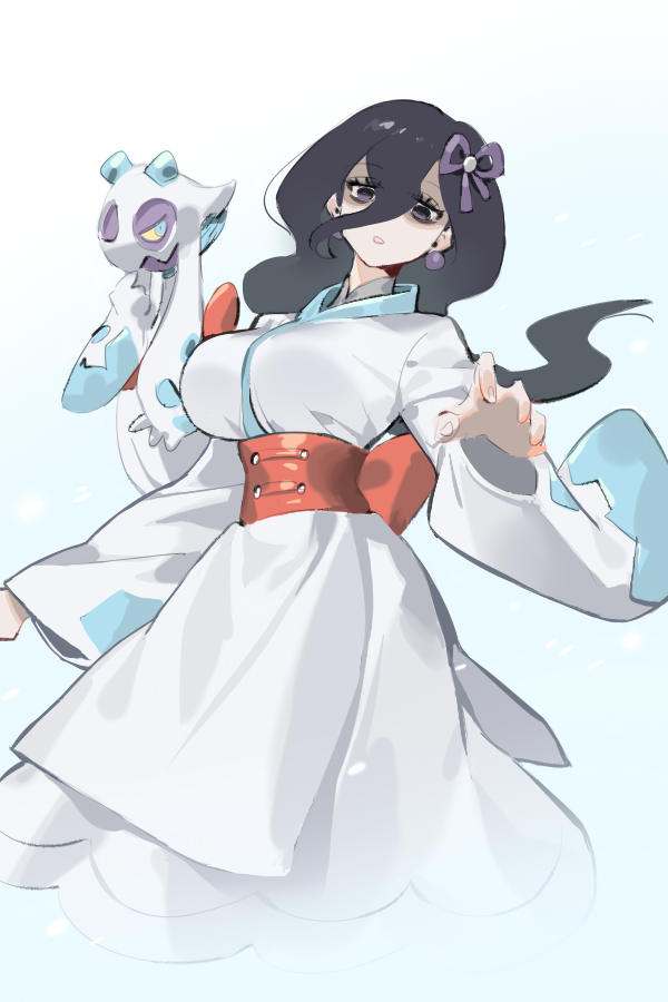 1girl, alternate_costume, bags_under_eyes, black_hair, blue_background, blue_eyes, breasts, colored_sclera, commentary, corset, earrings, expressionless, eyelashes, feet_out_of_frame, froslass, gen_4_pokemon, gradient_background, hair_between_eyes, hair_ribbon, hex_maniac_(pokemon), hex_maniac_(pokemon_legends:_z-a), japanese_clothes, jewelry, kimono, large_breasts, long_hair, long_hair_between_eyes, long_sleeves, looking_at_viewer, nintendo, obi, orange_corset, parted_lips, pokemon, pokemon_(creature), pokemon_legends:_z-a, purple_eyes, purple_ribbon, raine_(acke2445), ribbon, sash, simple_background, sphere_earrings, standing, untranslatable_commentary, white_background, white_kimono, wide_sleeves, yellow_sclera